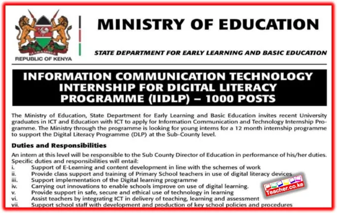 Ministry of Education Advert for the 1,000 ICT Teacher Internship Vacancies .