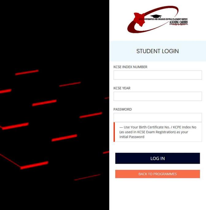 Kenya Universities and Colleges Central Placement Service (KUCCPS) Login Page on the Student Portal for 2020 TVET application.