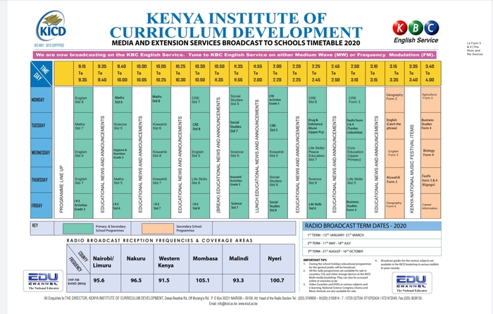 KICD radio Timetable 2020