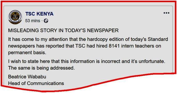TSC Slams Report by Standard Media about Hiring of 8141 Intern Teachers On Permanent Basis through Facebook and Twitter
