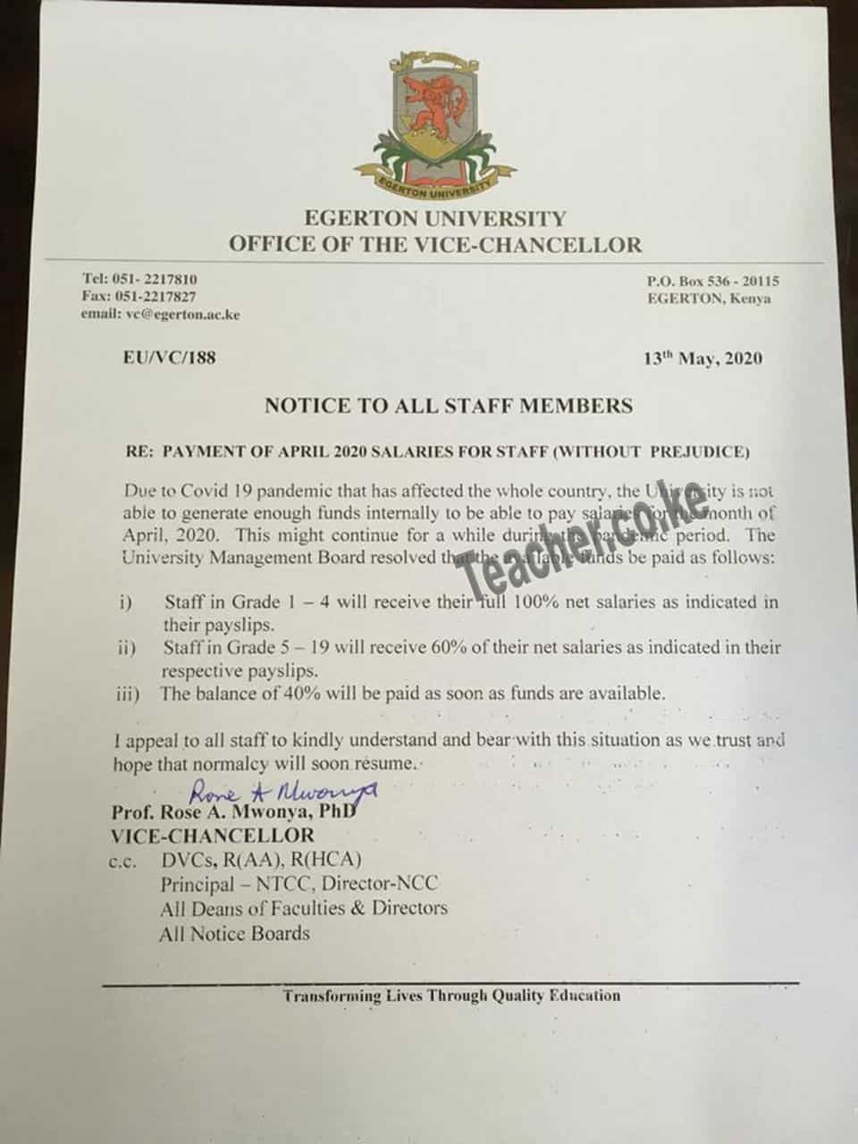 Egerton University on Cash Crisis, No Enough Funds to Pay April 2020 Salaries, Egerton University Salary Notice, 