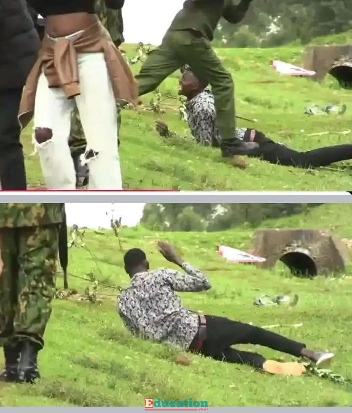 Laikipia University student leader Edgar Obare receiving strokes from an incompetent police officer during demonstration over the passing on of comrade Hillary Vumilu through a struck Rock accident.