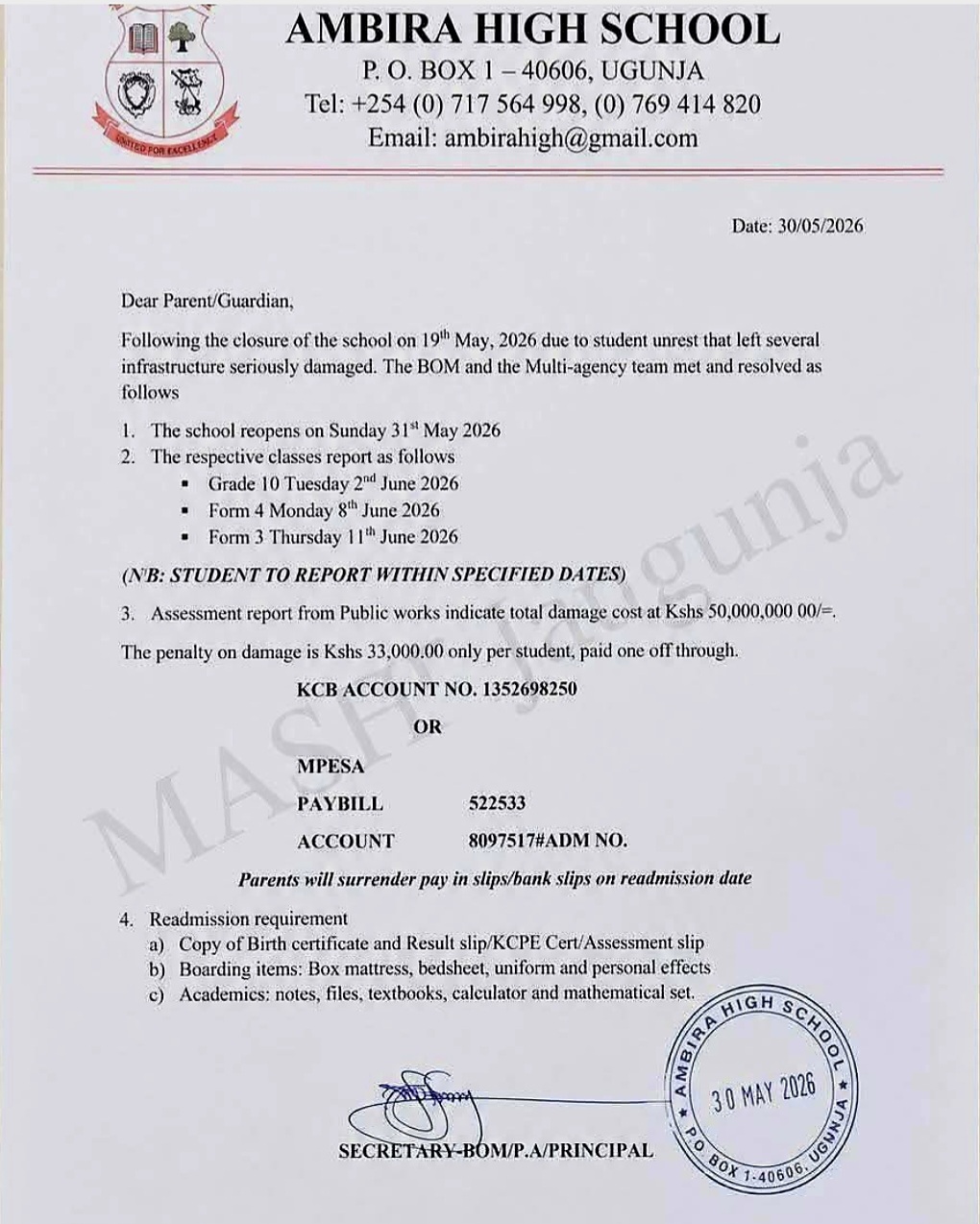 Ambira High School Parents Fined Ksh 33,000 Over Disputed Student Strike Damages