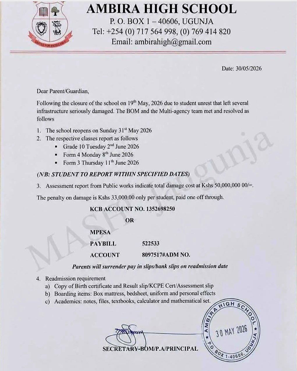 Ambira High School Parents Fined Ksh 33,000 Over Disputed Student Strike Damages